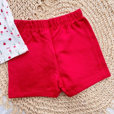 Conj. Blusa Manga Curta Flores e Short - Off White e Vermelho